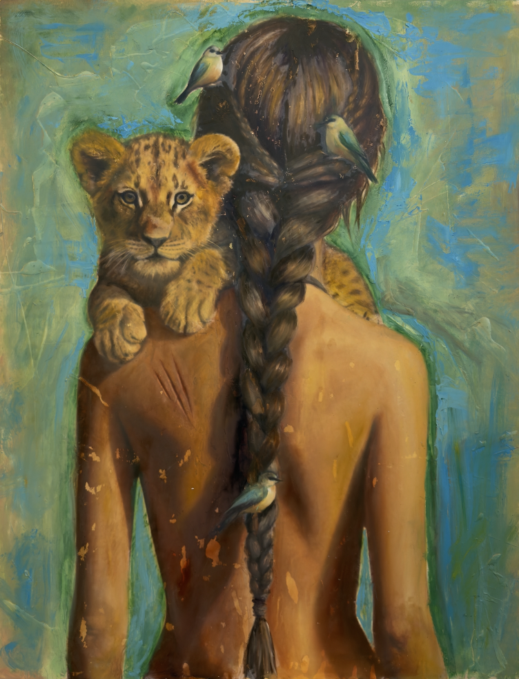 Oil painting by Renée Monaco — a woman with a long braid and a lion cub on her shoulder